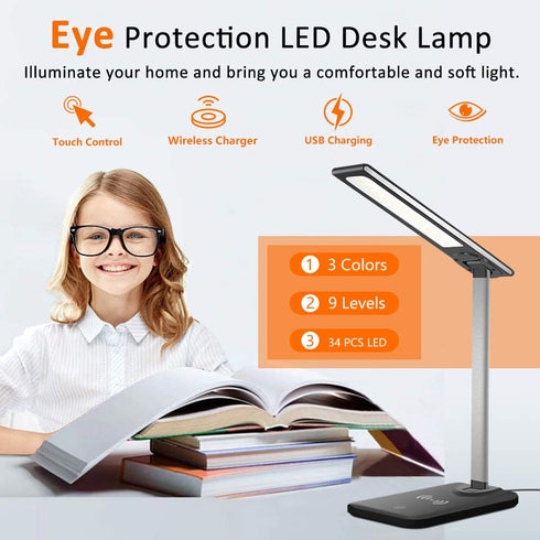 GSBLUNIE LED Desk Lamp,Wireless Charging Desk lamp,USB Charging Port,3 Lighting Modes,6 Brightness Levels,Dimmable Eye-Caring Desk Light for Christmas Gift,Office,Home,Dormitory(Adapter Included)