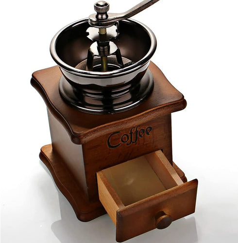 A + kitchen Wooden Manual Coffee Grinder Vintage Style Hand Coffee Mill Burr Coffee Grinder with Ceramic Hand Crank+Wooden Manual Coffee Grinder Cleaning Brush, Brown, 20 x 9.5 x 16.5 cm (A3329)