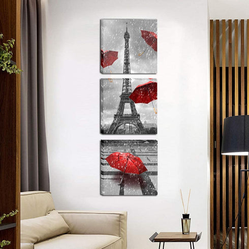 Paris Eiffel Tower Canvas Wall Art Decor Red Umbrellas Poster Prints Pictures Artwork for Living Room Ready to Hang (Red, 12X12inchx3 (30x30cmx3))