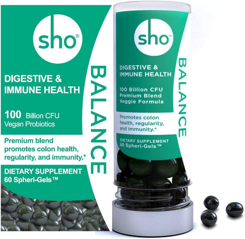 SHO Balance 100 Billion CFU Prebiotics & Probiotics for Digestive Health, Weight Loss & Gut Health Vegan Supplement for Women & Men, Lactobacillus Casei, Shelf Stable, 60 Small Pills Refill Bottle