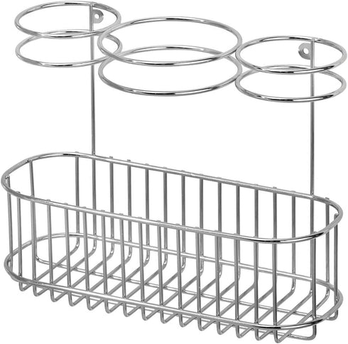mDesign Bathroom Wall Mount Hair Care & Styling Tool Organizer Storage Basket for Hair Dryer, Flat Iron, Curling Wand, Hair Straighteners, Brushes - Durable Steel Wire in Chrome Finish