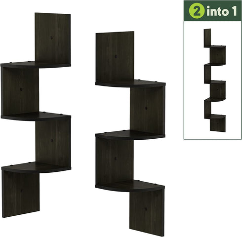 Furinno Rossi Wall Mount Floating Corner Shelf, 3-Tier Radial Set of 2, Espresso