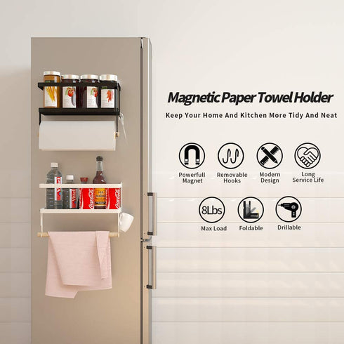 Magnetic Paper Towel Holder for Refrigerator,2-in-1 Foldable Magnetic Shelf Wall Mount Towel Rack with Hooks,Magnetic Spice Rack,Refrigerator Organizer for Kitchen (Black)