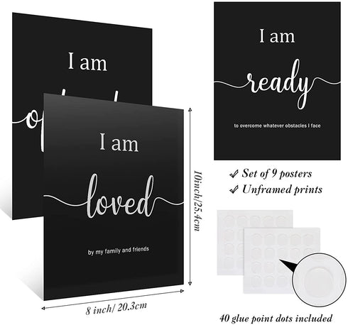 9 Pieces Inspirational Motivational Wall Art Office Bedroom Wall Art, Daily Positive Affirmations for Men Women Kids Inspirational Posters Inspirational Positive Quotes Sayings Wall Decor (Black)