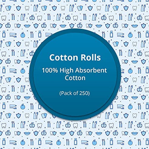 250-Pack Dental Cotton Rolls - 100% High Absorbent Rolled Cotton for Mouth and Nose - #2 Medium 1.5" Non-Sterile