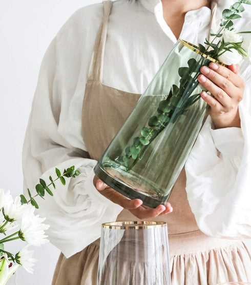 FUNSOBA Green Glass Flower Vase with Gold Mouth for Centerpieces Home Wedding Decoration (1, Large)