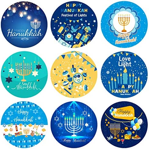 ELCOHO 600 Pieces Happy Hanukkah Stickers Holiday Menorah Labels Stickers Round Hanukkah Themed Seal Stickers for Holiday Decorations