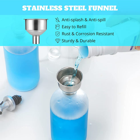 16oz Glass Mouthwash Dispenser, 2 Pack Frosted Glass Bottles with Pour Spouts, 2 Reusable Glass Cups, 21 Mouthwash Paper Cups with Holder, Funnel and Labels, Refillable Mouthwash Bottles Container