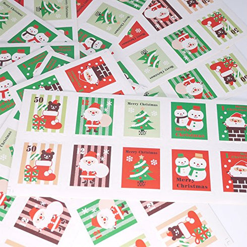 Merry Christmas Holiday Stamps Creative Sticker Assortment, 100 Stickers - Best Gift for Kids! Santa, Christmas Tree, Snowman and Christmas Stocking ( 10 Sheets)