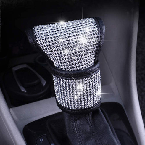 MLOVESIE Leather Auto Gear Shift Knob Cover with Crystal Glitter Bling Rhinestones for Girls,Lady Universal Fit (Bling) (White)