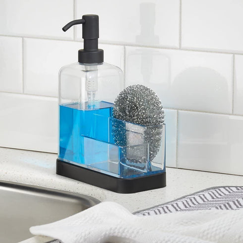 iDesign Forma BPA-Free Plastic Soap and Sponge Sink Organizer Caddy - 6" x 3.5" x 8.25", Clear/Matte Black