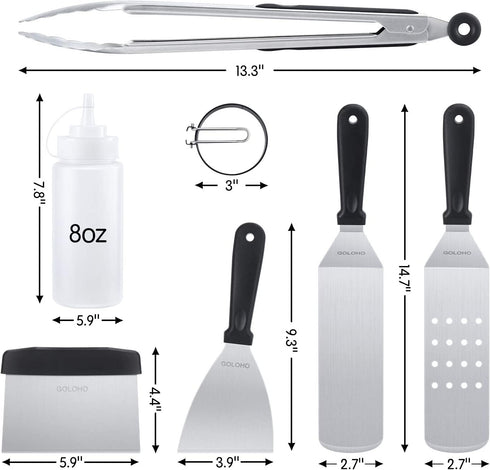 GOLOHO 14 Pcs Griddle Accessories Kit Stainless Steel with Cleaning Tools - Outdoor Professional Flat Top Grilling Hibachi Spatula Grill Set Teppanyaki BBQ Tools
