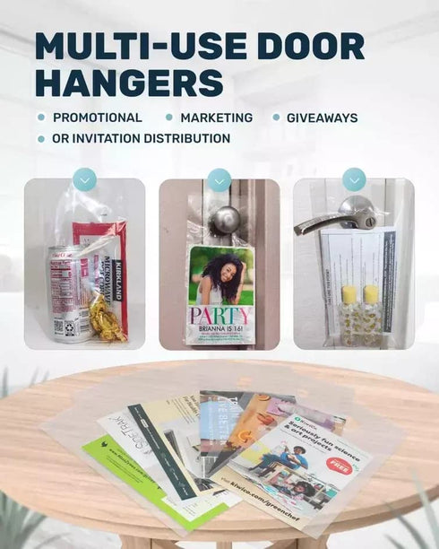 Skywin 100 Plastic Door Hanger Bags 6 x 12 inches - Clear Door Hanger Bags Protects Flyers, Brochures, Notices, Printed Materials - Waterproof and Secure Door Knob Hanger for Outdoor Use (100)