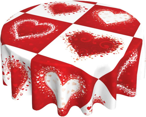 Tablecloth 60 inches Valentine's Day Love Heart Red Waterproof Washable Round Table Cloth Cover for Dining Room Kitchen Decoration