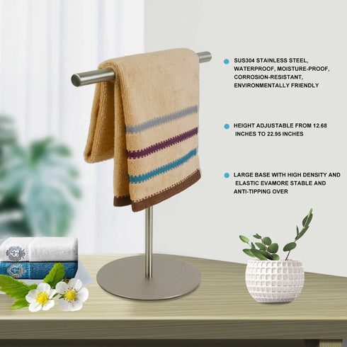KURBAO Towel Rack T-Shape Hand Towel Stand for Bathroom, Kitchen or Vanity Towel Holder Stand, Towel Holder Standing SUS 304 Stainless Steel Height-Adjustable, Bath Hand Towel Bar Brushed Finished
