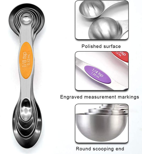 Sunnyac 12 Pieces Measuring Cups and Spoons Set, Including 5 Stackable Stainless Steel Measuring Cups, 6 Double Sided Magnetic Measuring Spoons and 1 Metal Plate for Dry and Liquid Ingredients