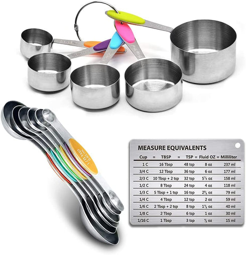 Sunnyac 12 Pieces Measuring Cups and Spoons Set, Including 5 Stackable Stainless Steel Measuring Cups, 6 Double Sided Magnetic Measuring Spoons and 1 Metal Plate for Dry and Liquid Ingredients