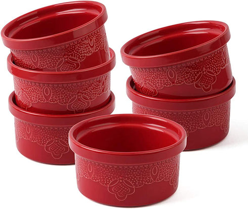 FE Ramekins, Lace Emboss Ramekin 8 oz Oven Safe, Creme Brulee Set of 6, Ceramic Souffle Dish for Baking Dessert and Cake (Apple Red)