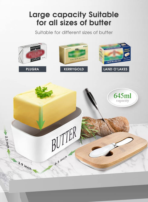 AISBUGUR Large Butter Dish with Lid Ceramics Butter Keeper Container with Knife and High- quality Silicone Sealing Butter Dishes with Covers Good Kitchen Gift White