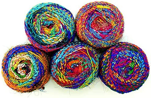Revolution Fibers Recycled Sari Silk Yarn, Multi-Color Pure Silk Yarn, Made from Handspun Used Sari Fabric Ribbon Scraps, Rainbow Yarn for Knitting, Weaving & Crocheting 100 Grams per Ball (1-Pack)
