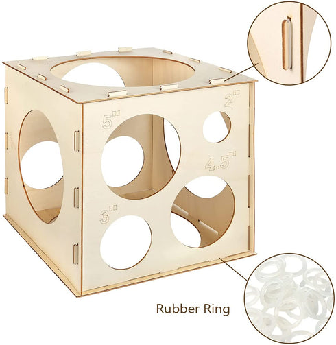 Auihiay 12 Holes Wood Balloon Sizer Cube Box with 200 PCS Balloon Glue Points, Collapsible Balloon Size Measuring Tool for Balloon Garland Balloon Columns Balloon Arches Decorations (2-10 INCH)