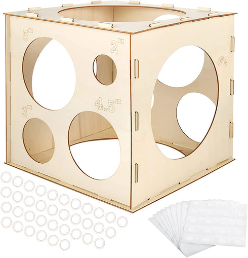 Auihiay 12 Holes Wood Balloon Sizer Cube Box with 200 PCS Balloon Glue Points, Collapsible Balloon Size Measuring Tool for Balloon Garland Balloon Columns Balloon Arches Decorations (2-10 INCH)