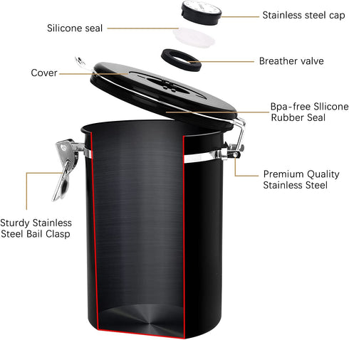 Coffee Canister- 20 Oz Flour Container With Date Tracking, Have With Carbon Dioxide Release Valve And Stainless Steel Spoon, Used To Store , Tea€?flour€?cereals And Coffee Beans. Black
