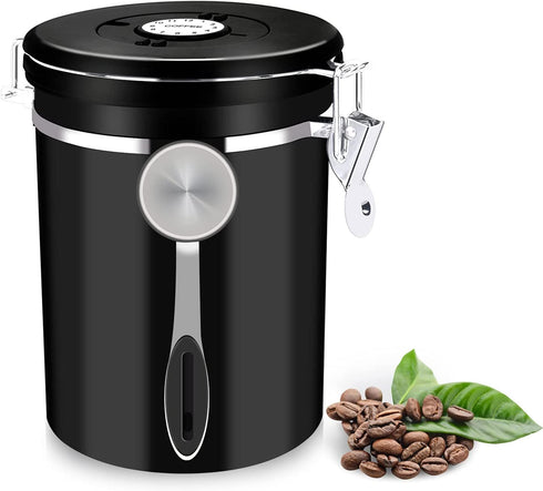 Coffee Canister- 20 Oz Flour Container With Date Tracking, Have With Carbon Dioxide Release Valve And Stainless Steel Spoon, Used To Store , Tea€?flour€?cereals And Coffee Beans. Black