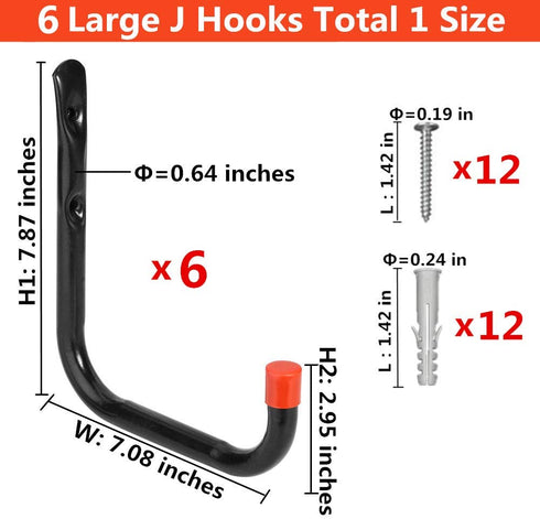 Heavy Duty Garage Storage Utility Hooks Wall Mounted Tools Hangers Organizer (6 Pcs Black 7.1" Large J hook)