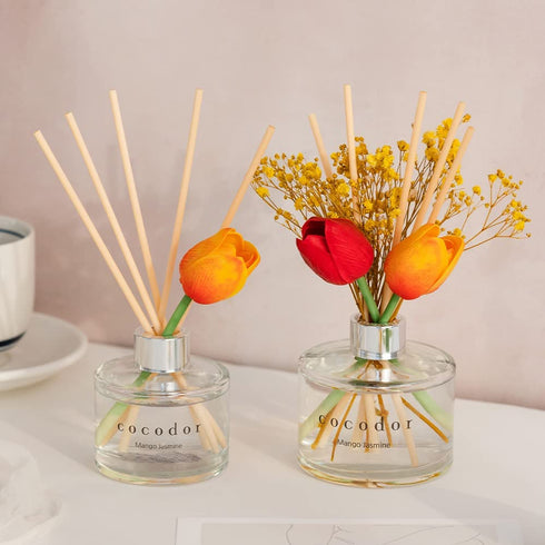 Cocod'or COCODOR Tulip & Preserved Real Flower Reed Diffuser/Floral Bouquet / 6.7oz(200ml) / 1 Pack/Reed Diffuser Set, Oil Diffuser & Reed Diffuser Sticks, Home Decor & Office