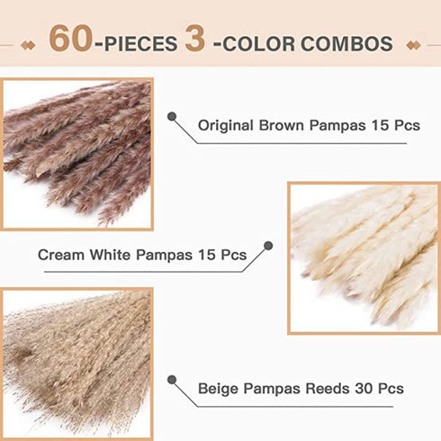 Jethami 60pcs Dried Pampas Grass, Tall Pompous Grass Large Fluffy Pampas Grass Small Pompass Branches Bouquet Pampass Bundle Pompas Floral Boho Decor