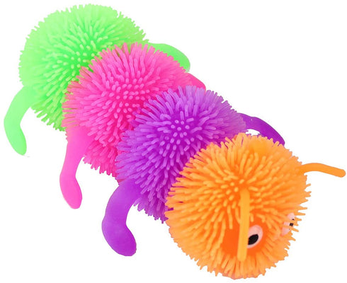 Curious Minds Busy Bags Set of 2 Puffer Caterpillar 5.5" Fidget Sensory Toy - 4 Section Tactile Toy Bug- Squishy Squeezey Sensory Squeeze Air Filled Balls OT (Random Colors)