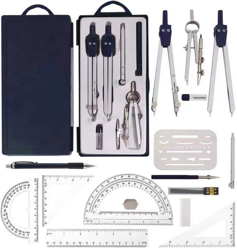 Drawing Tools & Drafting Kits for Students Divider Drawing Architecture Compasses for Geometry 16Pc Compass Set Geometry Precision Tool Protractor and Compass Set Square Erasing Shield Ruler (Blue)