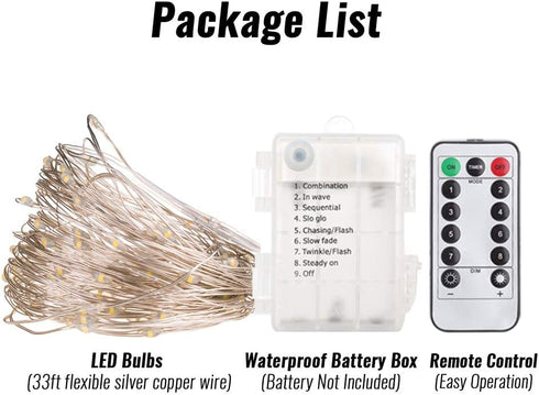 ANJAYLIA 2 Pack 33ft 100 LED Fairy Lights Battery Operated, Waterproof Twinkle String Lights, Copper Wire Dimmable Firefly Lights with Remote Control Timer, Warm White