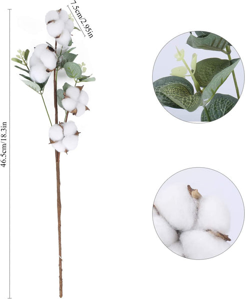 GTIDEA 18.3" Cotton Plant Decor 12 Balls Cotton Flower Stems Farmhouse Greenery Flowers with Eucalyptus Leaves Artificial Floral Arrangement for Home Party Wedding Wreath Wall Decor (3 Pcs)