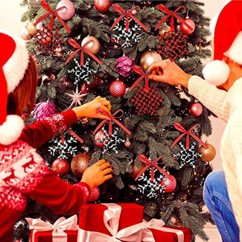 60 Pieces Christmas Snowflakes Cutouts Ornaments Red White Black Buffalo Plaid Christmas Snowflake Paper Cutouts with Ribbon for Christmas Party Decor Accessories (Simple Style)