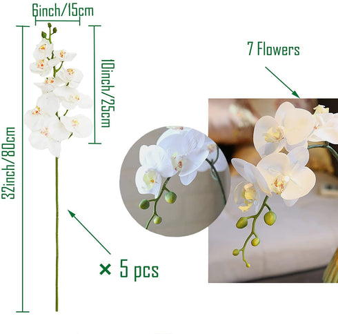 HinyoCo 5 Pcs Artificial Phalaenopsis Flowers Artificial Orchid Flowers 32 Inch Stem Plants for Home Wedding Decoration