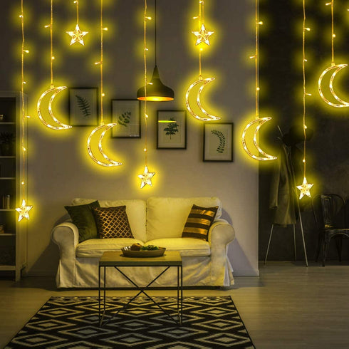 Curtain Lights 138 LEDs USB and Battery Powered Moon Star Window Fairy String Lights with 8 Flashing Modes for Bedroom, Home, Garden, Wedding, Christmas Party Decoration2