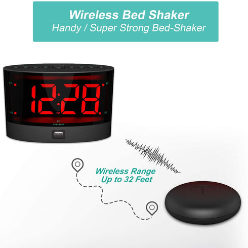 ANJANK Extra Loud Alarm Clock with Wireless Bed Shaker, Vibrating Dual Alarm Clock for Heavy Sleepers, Deaf and Hearing-impaired, Adjustable Volume/Dimmer/Wake up Mode, USB Charger Port, Pillow Shaker