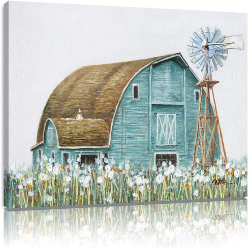 Teal Barn Canvas Wall Art: Rustic Barn Bathroom Decor Old Barn Pictures Wall Art Framed for Farmhouse Bedroom Ready to Hang (12"x16"x1 Panel)