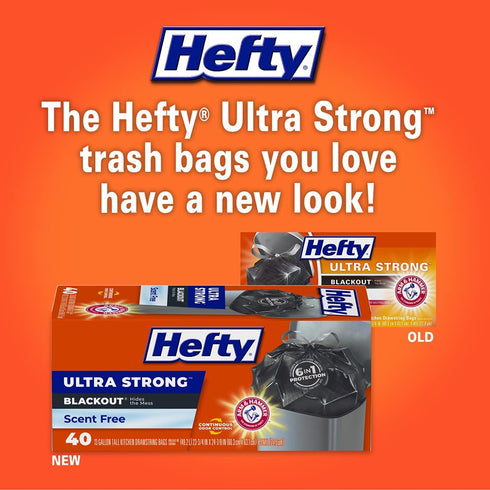 Hefty Ultra Strong Tall Kitchen Trash Bags, Blackout, Unscented, 13 Gallon, 40 Count