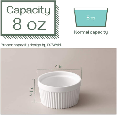 DOWAN 8 oz Ramekins - Ramekins for Creme Brulee Porcelain Ramekins Oven Safe, Classic Style Ramekins for Baking Souffle Ramekins Bowls, Set of 6, White