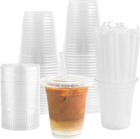 Zezzxu 50Pack 12oz Clear Plastic Cups with Hole Flat Lids and Straws, Crystal Clear PET Disposable Party Cups for Cold Drinks, Iced Coffee, Juice, Smoothie, Milkshake, Bubble Boba Tea