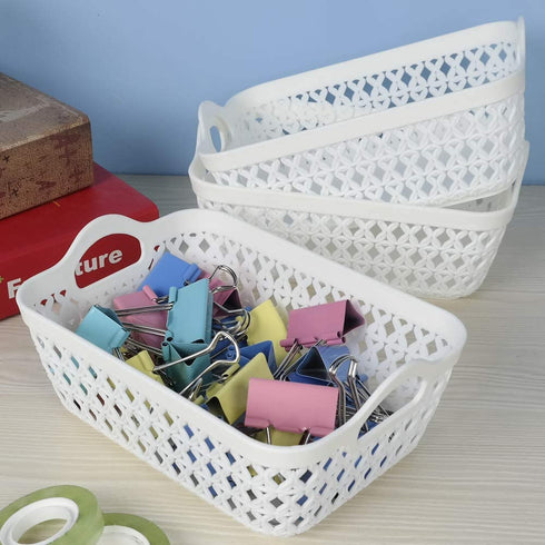 HOMMP 12-Pack White Plastic Woven Storage Basket Tray with Handle (Mini)