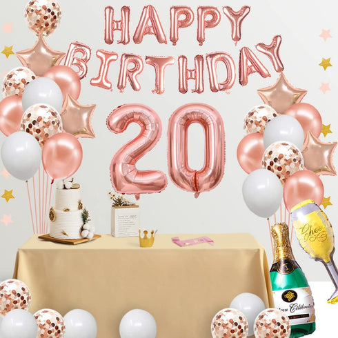 Fancypartyshop 20th Birthday Decorations - Rose Gold Happy Birthday Banner and Sash with Number 20 Balloons Latex Confetti balloons Ideal for Girl and Women 20 Years Old Birthday Rose Gold