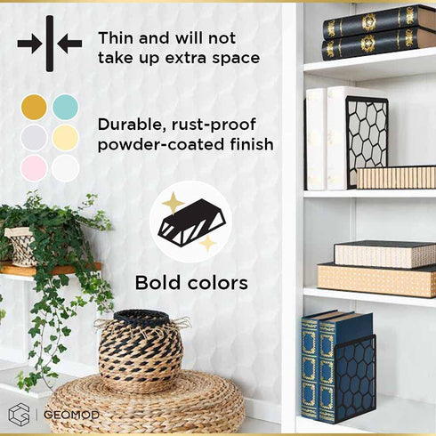 Premium Bookends Geometric Honeycomb Metal Book Ends (Gold, 1 Pair) Book End for Shelves