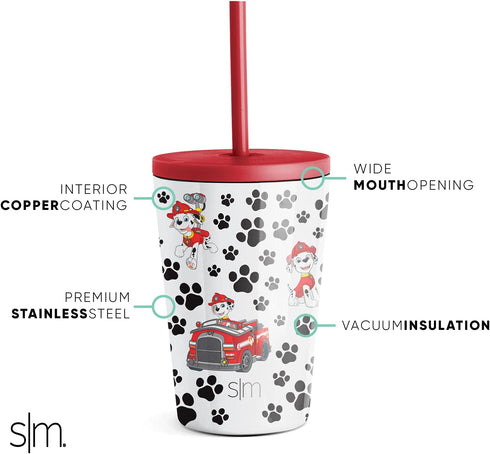 Simple Modern Paw Patrol Toddler Cup with Lid and Silicone Straw | Kids Water Bottle Tumbler Insulated Stainless Steel Thermos | Classic Collection | 12oz, Paw Patrol Marshall Prints