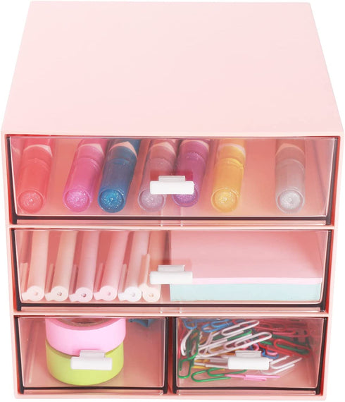 Comix Desk Organizer with Drawer, Desk Storage Box with 4 drawers, Plastic Office Stationery Supplies Organizers, Desktop Organizer for Office School Home (Pink)
