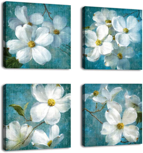 Flowers Wall Art Canvas Picture Bathroom Wall Decor White Blossom Blue Background Canvas Artwork Bedroom Living Room Wall Decor Contemporary Canvas Painting Office Home Decor 12" x 12" x 4 Pieces