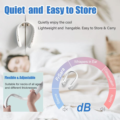 FrSara Neck Fan, Bladeless Neck Fan Rechargeable, Adjustable, 360° Cooling, Super Quiet, No Blade Fan Design, No Hair Twisting, Even Air Volume On Both Sides, Non-Slip, Short Charging, Long Use Time